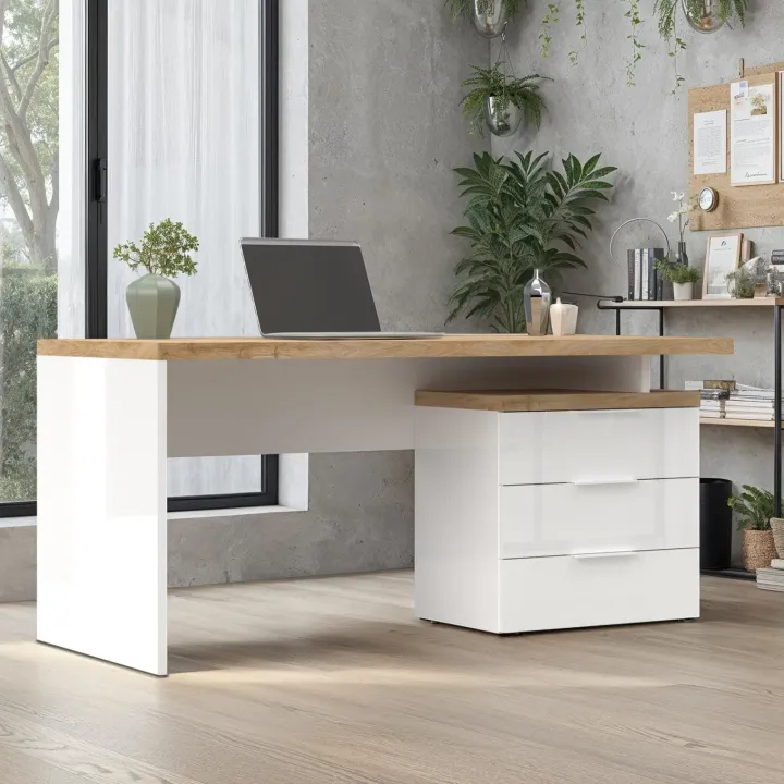 Scrivania ufficio reversibile 160x75cm con cassettiera bianco lucido rovere chiaro Opera