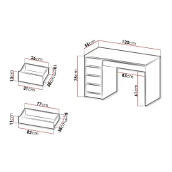 Scrivania ufficio 120x55cm 5 cassetti bianco lucido Blackpool