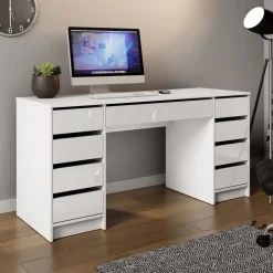 Scrivania ufficio 154x55cm 9 cassetti bianco lucido Blackpool