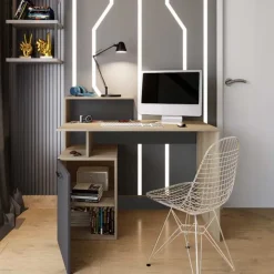 Scrivania ufficio 110x55cm con mobile contenitore grigio rovere chiaro Aldeia