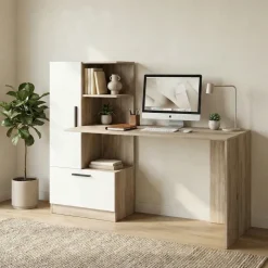Scrivania ufficio 150x59cm rovere naturale bianco opaco Paulo