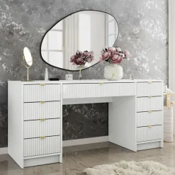 Scrivania 154x55cm con 9 cassetti cannettata bianco Athena