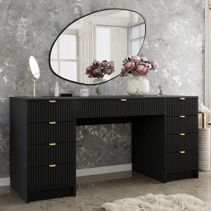 Scrivania 154x55cm con 9 cassetti cannettata nero Athena