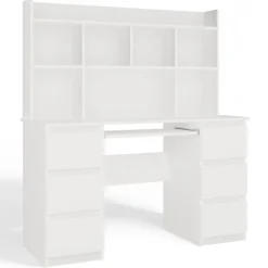 Scrivania 130x51cm con cassetti laterali, libreria e ripiani bianca Toppy