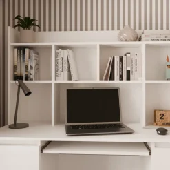 Scrivania 130x51cm con cassetti laterali, libreria e ripiani bianca Toppy