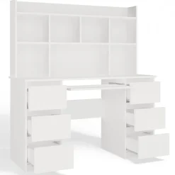 Scrivania 130x51cm con cassetti laterali, libreria e ripiani bianca Toppy
