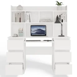 Scrivania 130x51cm con cassetti laterali, libreria e ripiani bianca Toppy