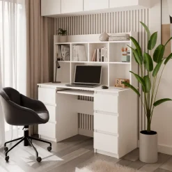 Scrivania 130x51cm con cassetti laterali, libreria e ripiani bianca Toppy
