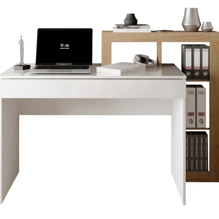 Scrivania 138x50cm con libreria e 1 cassetto bianco lucido rovere Invictus
