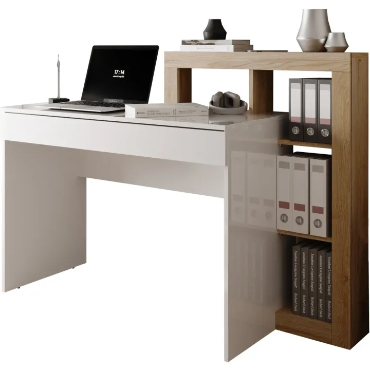 Scrivania 138x50cm con libreria e 1 cassetto bianco lucido rovere Invictus