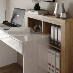 Scrivania 138x50cm con libreria e 1 cassetto bianco lucido rovere Invictus