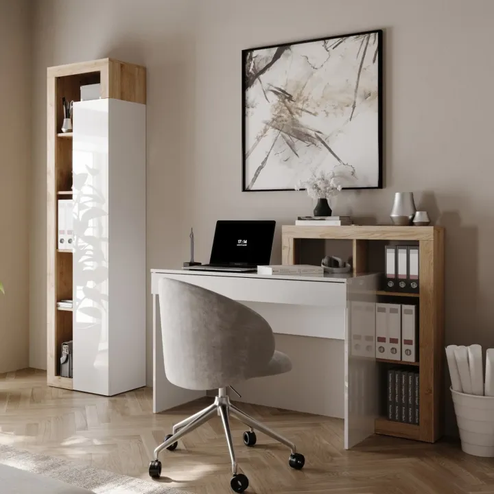 Scrivania 138x50cm con libreria e 1 cassetto bianco lucido rovere Invictus