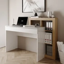 Scrivania 138x50cm con libreria e 1 cassetto bianco lucido rovere Invictus