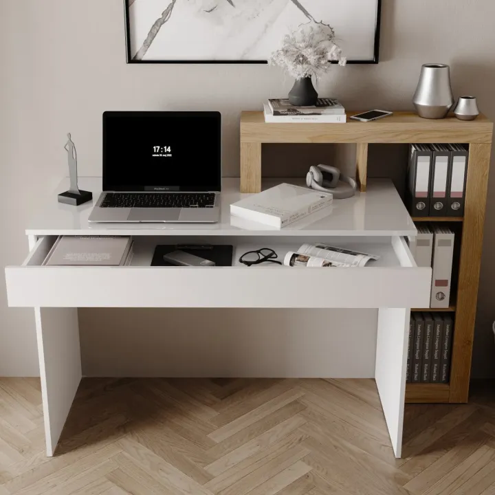 Scrivania 138x50cm con libreria e 1 cassetto bianco lucido rovere Invictus