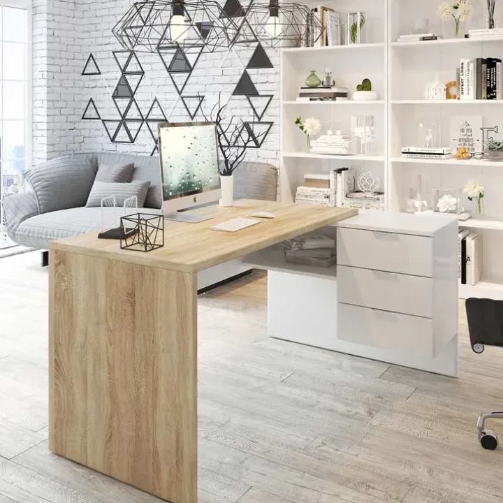 Scrivania 145x108cm ufficio reversibile bianco opaco rovere Work