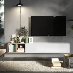 Set pensili 194x29h cm 1 anta 2 cubotti bianco lucido rovere chiaro Sunset 49