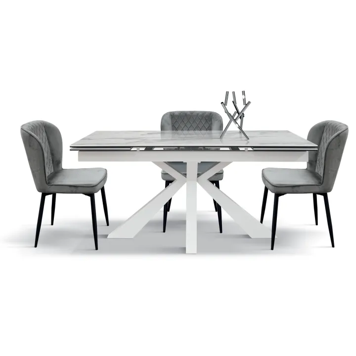 Tavolo allungabile 160/240 piano lucido in ceramica effetto marmo e base metallo bianco Ray