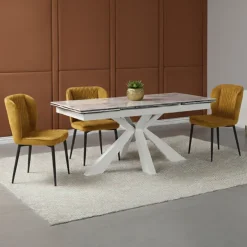 Tavolo allungabile 160/240 piano lucido in ceramica effetto marmo e base metallo bianco Ray