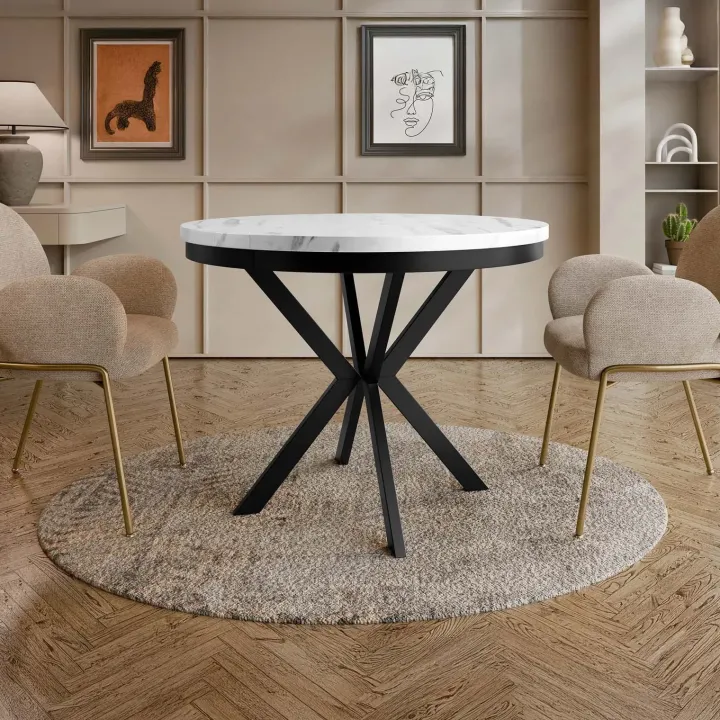 Tavolo da pranzo allungabile 90/166 cm rotondo nero effetto marmo bianco Vortex