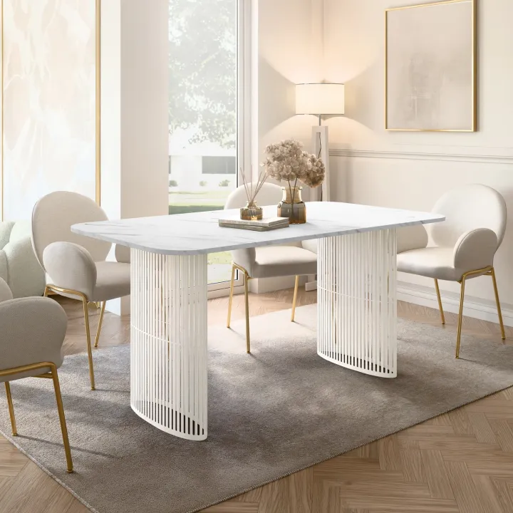 Tavolo da pranzo allungabile 160/236x90 cm industrial effetto marmo bianco metallo cashmere Hexa