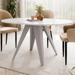 Tavolo da pranzo allungabile 100/138x100 cm rotondo industrial effetto marmo bianco metallo cashmere Cortex