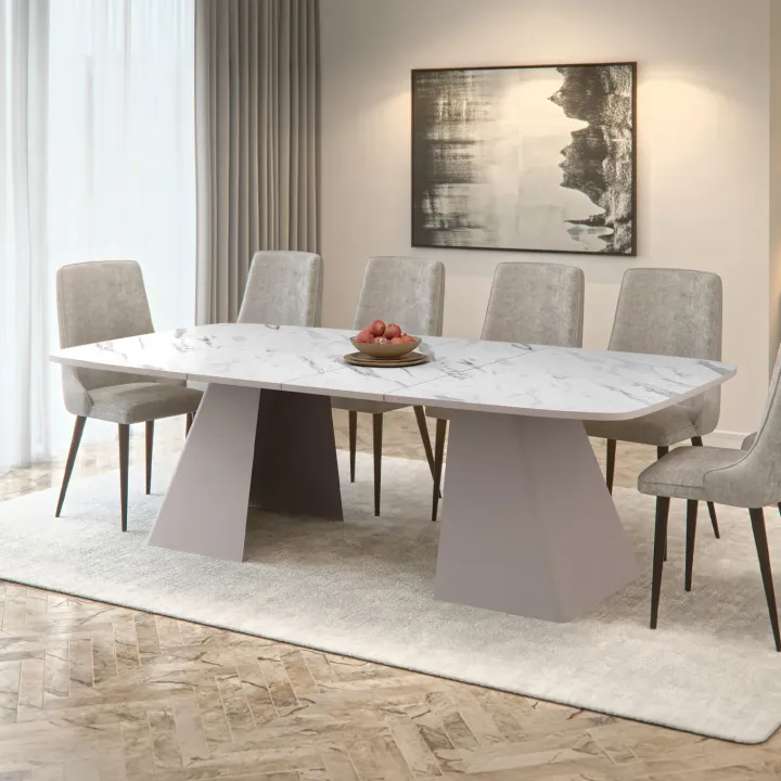 Tavolo da pranzo allungabile 180/256x110cm industrial effetto marmo bianco metallo cashmere Rail