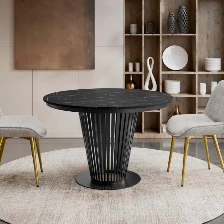 Tavolo da pranzo allungabile 100/176x100 cm rotondo industrial effetto marmo nero metallo nero Monox