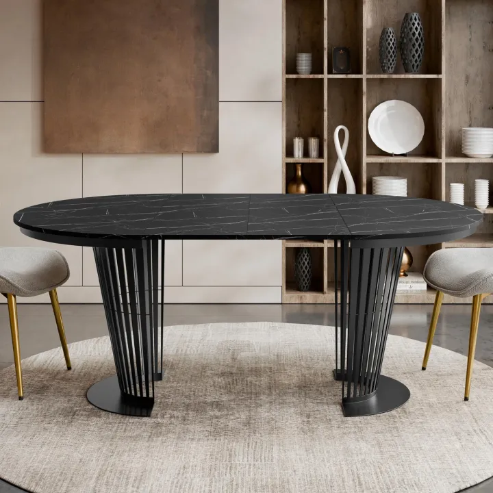 Tavolo da pranzo allungabile 100/176x100 cm rotondo industrial effetto marmo nero metallo nero Monox