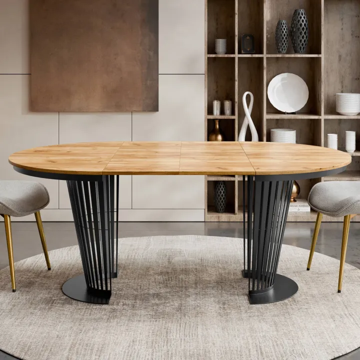 Tavolo da pranzo allungabile 100/176x100 cm rotondo industrial rovere metallo nero Monox