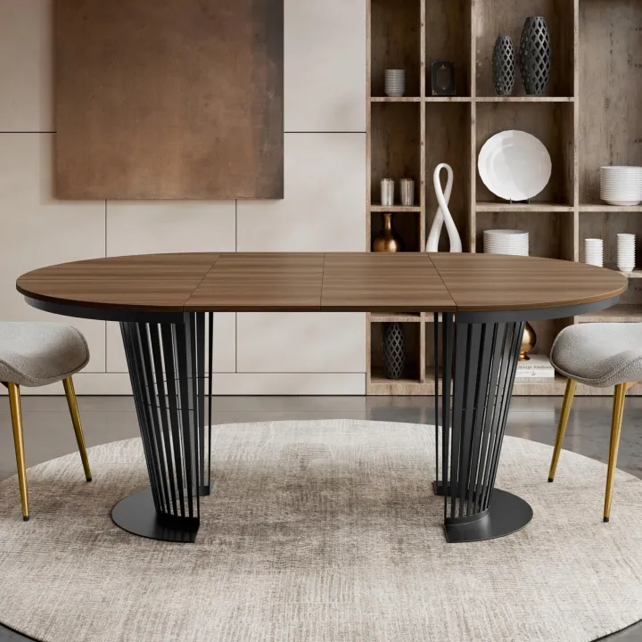 Tavolo da pranzo allungabile 100/176x100 cm rotondo industrial noce metallo nero Monox