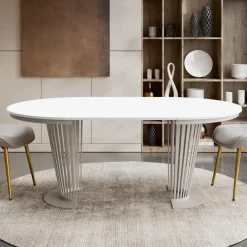 Tavolo da pranzo allungabile 100/176x100 cm rotondo industrial bianco metallo cashmere Monox