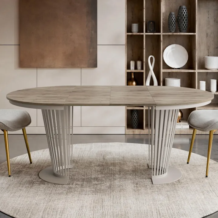 Tavolo da pranzo allungabile 100/176x100 cm rotondo industrial rovere scuro metallo cashmere Monox