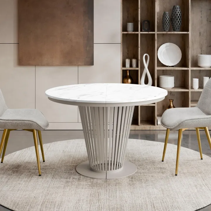 Tavolo da pranzo allungabile 100/176x100 cm rotondo industrial effetto marmo bianco metallo cashmere Monox