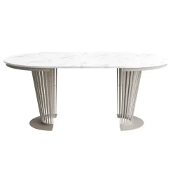 Tavolo da pranzo allungabile 100/176x100 cm rotondo industrial effetto marmo bianco metallo cashmere Monox