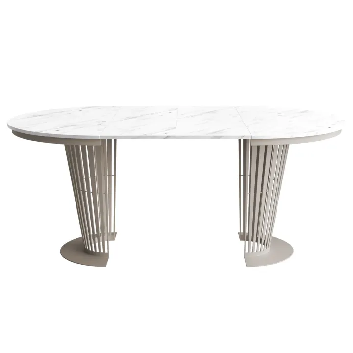 Tavolo da pranzo allungabile 100/176x100 cm rotondo industrial effetto marmo bianco metallo cashmere Monox