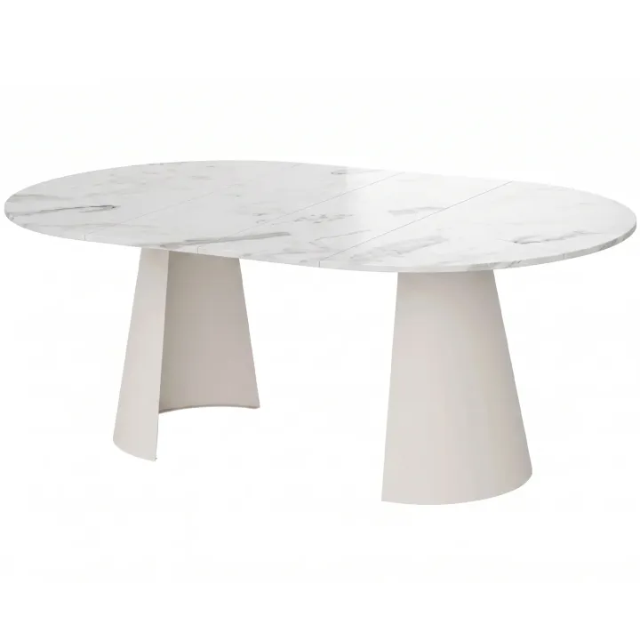 Tavolo da pranzo allungabile 100/176x100 cm rotondo industrial effetto marmo bianco metallo cashmere Grint