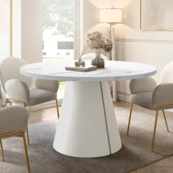 Tavolo da pranzo allungabile 100/176x100 cm rotondo industrial effetto marmo bianco metallo cashmere Grint