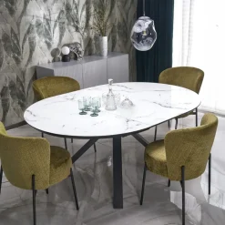 Tavolo rotondo allungabile 130/180cm vetro effetto marmo bianco nero Galact