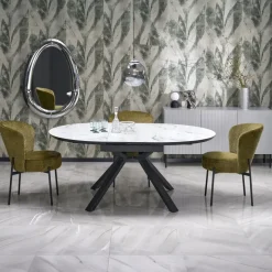Tavolo rotondo allungabile 130/180cm vetro effetto marmo bianco nero Galact