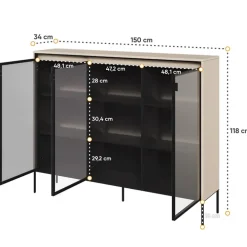 Vetrina bassa 150x118h cm 3 ante led beige nero Camelia