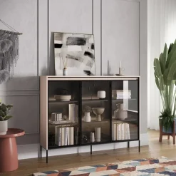 Vetrina bassa 150x118h cm 3 ante led beige nero Camelia