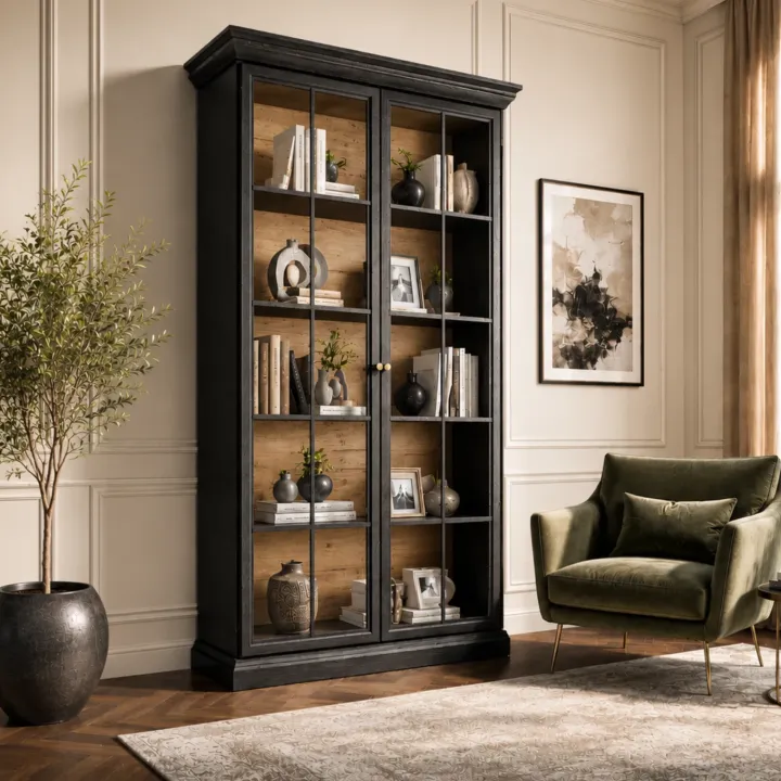 Vetrina moderna 103x200h cm shabby 2 ante con vetro nero grafite Purro