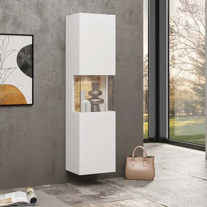 Vetrina sospesa 36x140h cm da parete bianco rovere Fusion