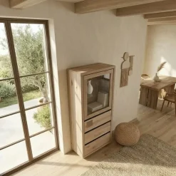 Vetrina 65x148h cm 1 anta 3 cassetti legno massello rovere Tarselia
