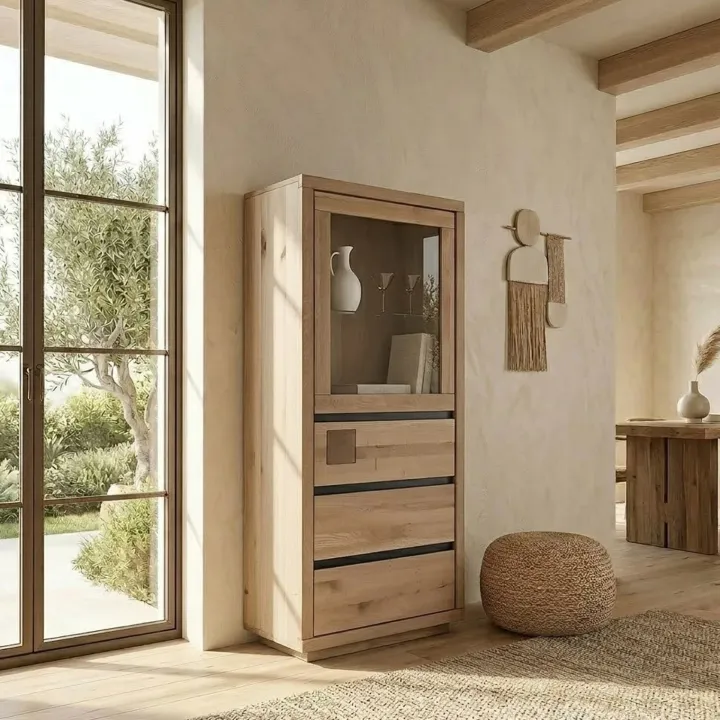 Vetrina 65x148h cm 1 anta 3 cassetti legno massello rovere Tarselia