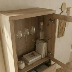 Vetrina 65x148h cm 1 anta 3 cassetti legno massello rovere Tarselia