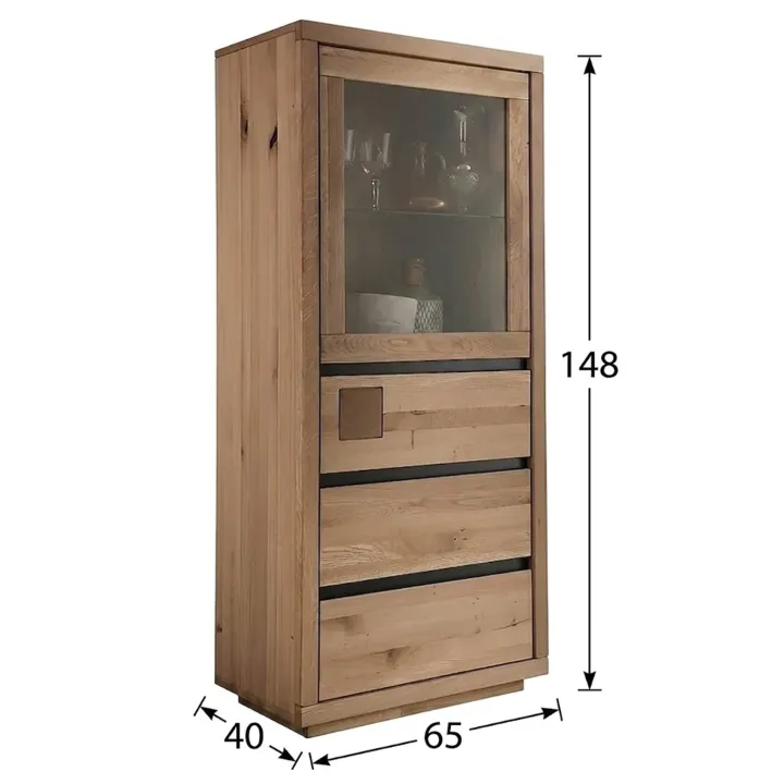 Vetrina 65x148h cm 1 anta 3 cassetti legno massello rovere Tarselia