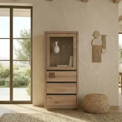 Vetrina 65x148h cm 1 anta 3 cassetti legno massello rovere Tarselia