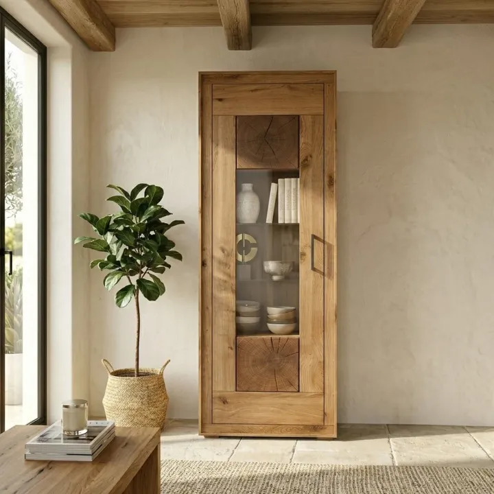 Vetrina 62x201h cm 1 anta legno massello rovere Ebania