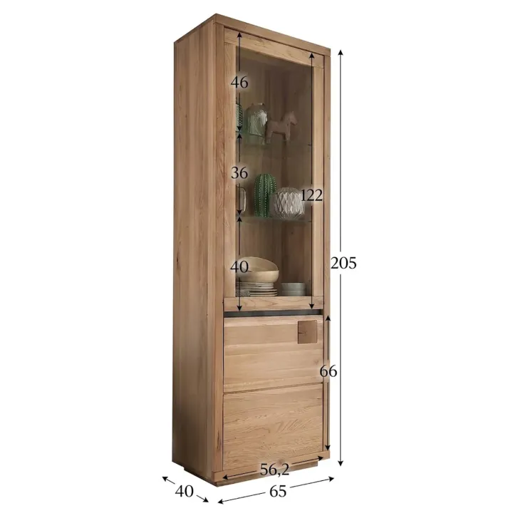Vetrina 65x205h cm 2 ante apertura sinistra legno massello rovere Tarselia